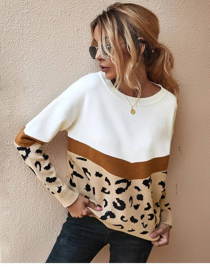 Leopard o-neck full sleeve pullover patchwork knitted sweater