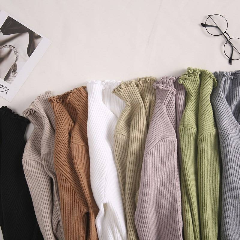 Turtleneck ruched high elastic knitted pullover sweater