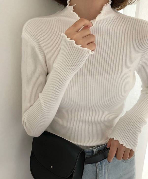 Turtleneck ruched high elastic knitted pullover sweater
