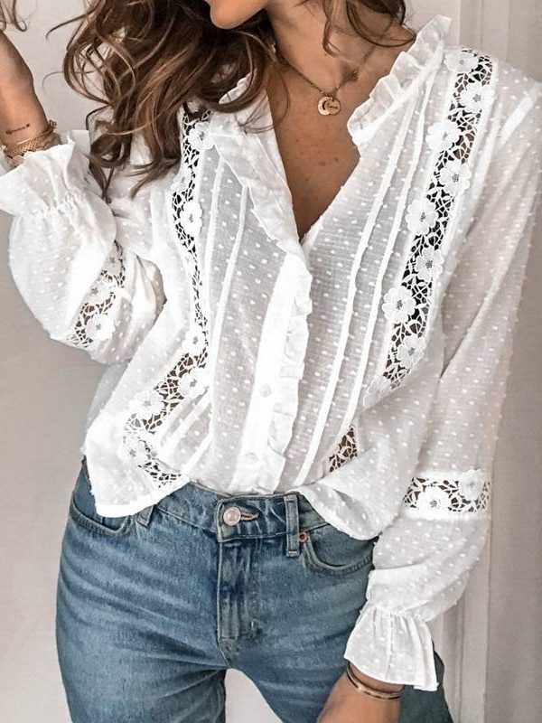 Vintage floral white hollow out lace long sleeve office blouse shirt