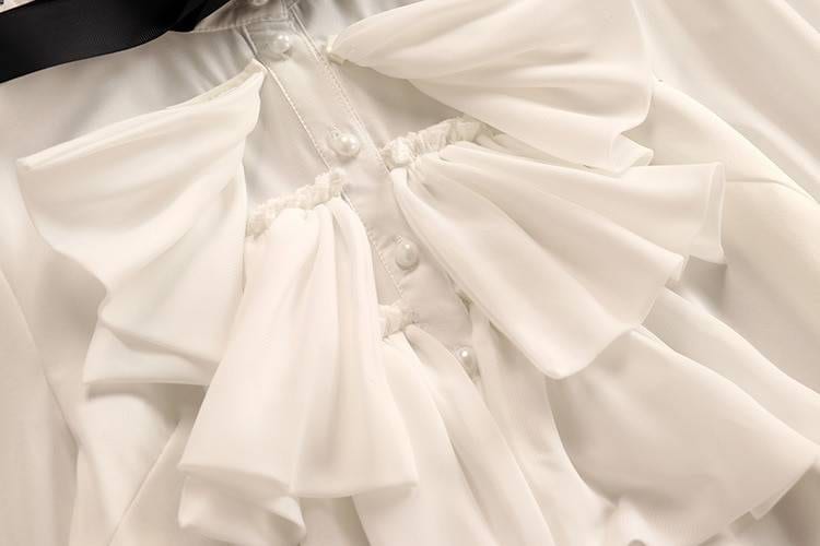 2 piece set elegant ruffles chiffon bow shirt top+double breasted plaid tweed vest dress