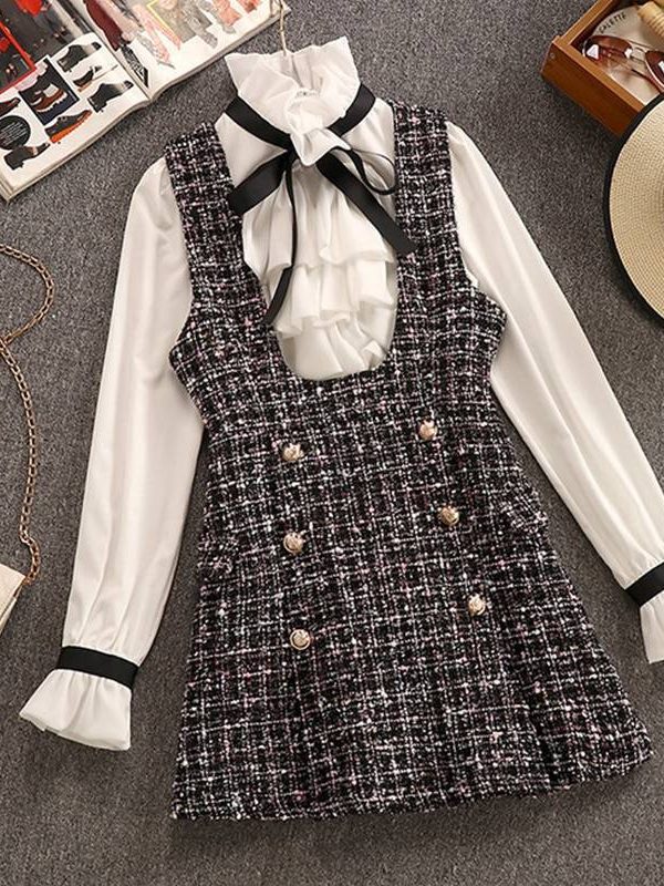 2 Piece Set Elegant Ruffles Chiffon Bow Shirt Top+Double Breasted Plaid Tweed Vest Dress in Dresses