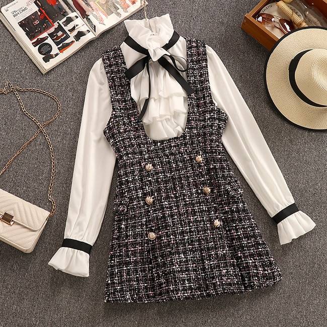 2 Piece Set Elegant Ruffles Chiffon Bow Shirt Top+Double Breasted Plaid Tweed Vest Dress in Dresses