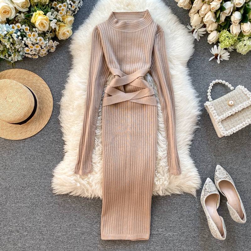 Bandage Knitted Sweater Knee Length Pencil Dress in Dresses