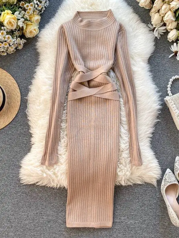 Bandage Knitted Sweater Knee Length Pencil Dress in Dresses