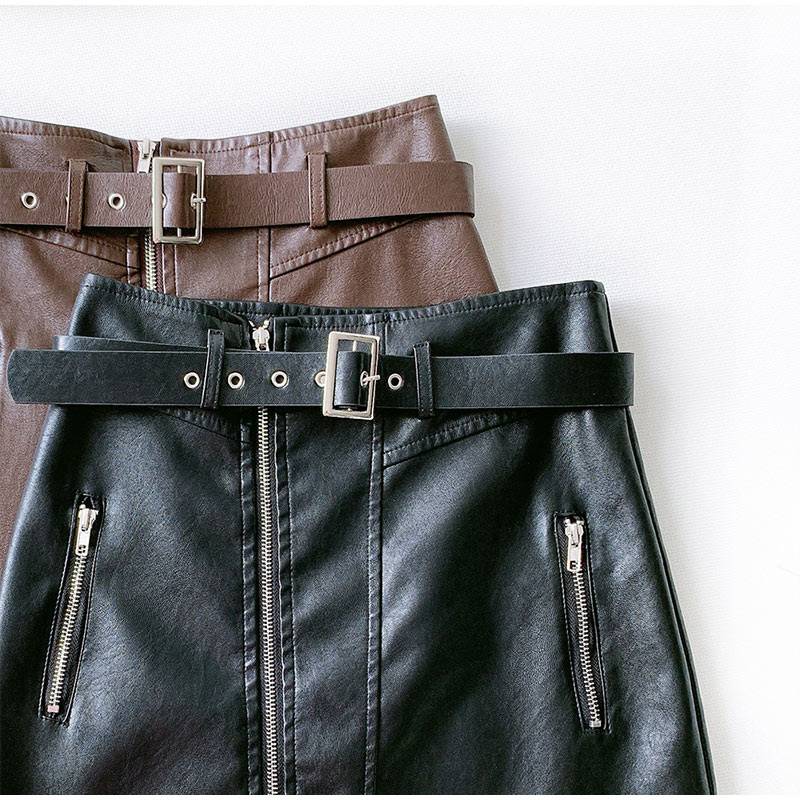 Pu leather zipper belt high waist pocket bottom mini skirt
