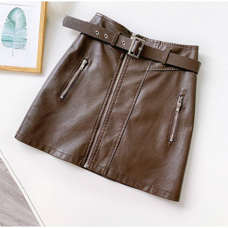 Pu leather zipper belt high waist pocket bottom mini skirt