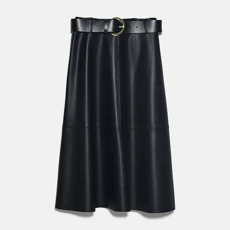 Vintage pu leather sashes a-line high waist flare belt midi skirt