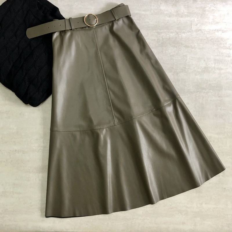Vintage pu leather sashes a-line high waist flare belt midi skirt