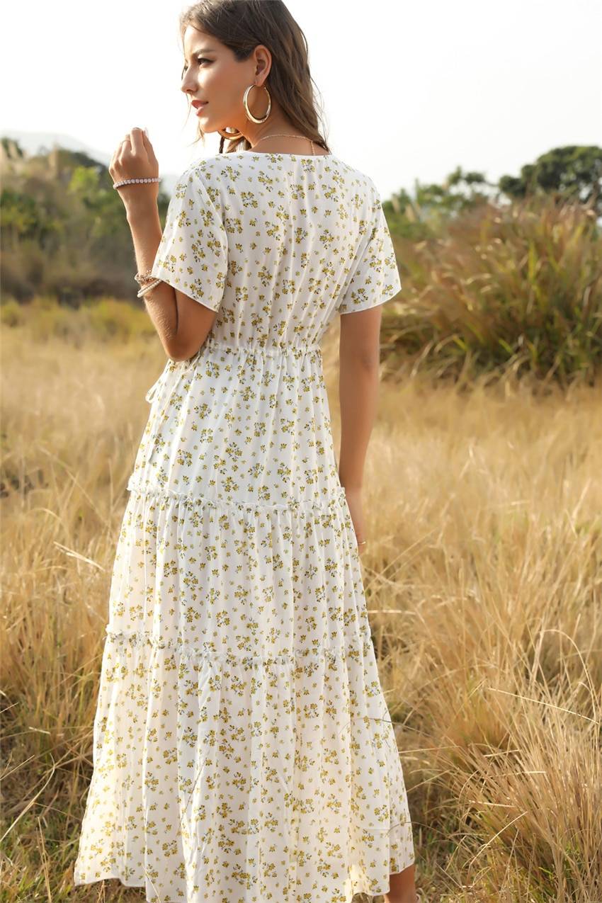 Elegant Boho Floral Print Ruffle Short-Sleeve V-Neck Long Dress in Dresses