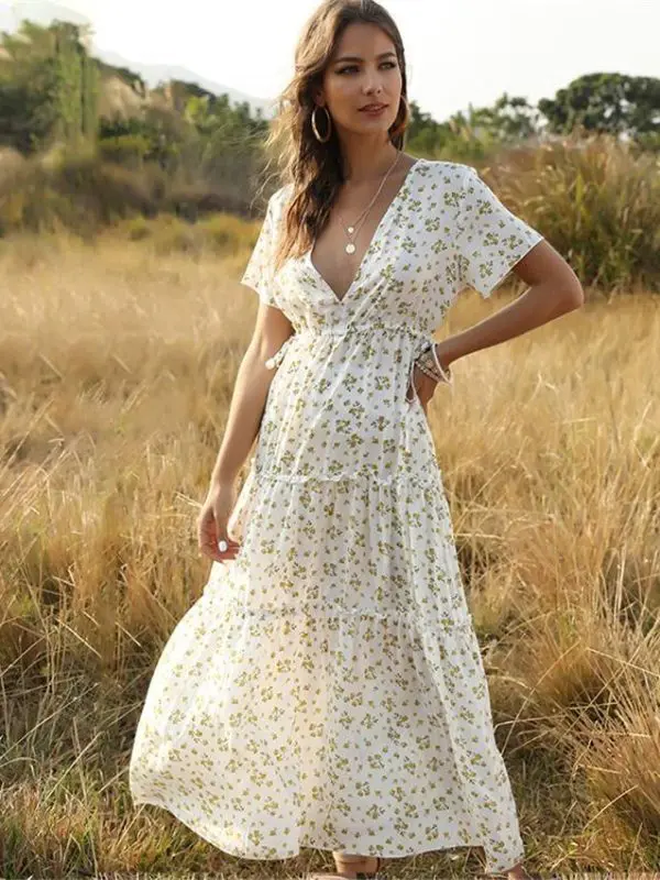 Elegant boho floral print ruffle short-sleeve v-neck long dress