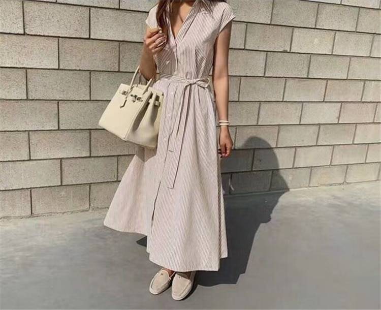 Sleeveless Striped Oversize Lace Up Long Shirt Dress in Dresses