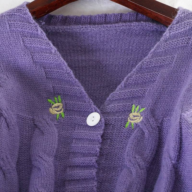 Loose v-neck lantern sleeve embroidery floral knitted cardigan sweater