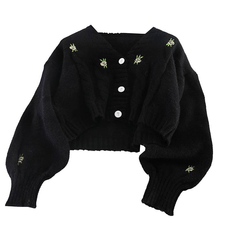 Loose v-neck lantern sleeve embroidery floral knitted cardigan sweater