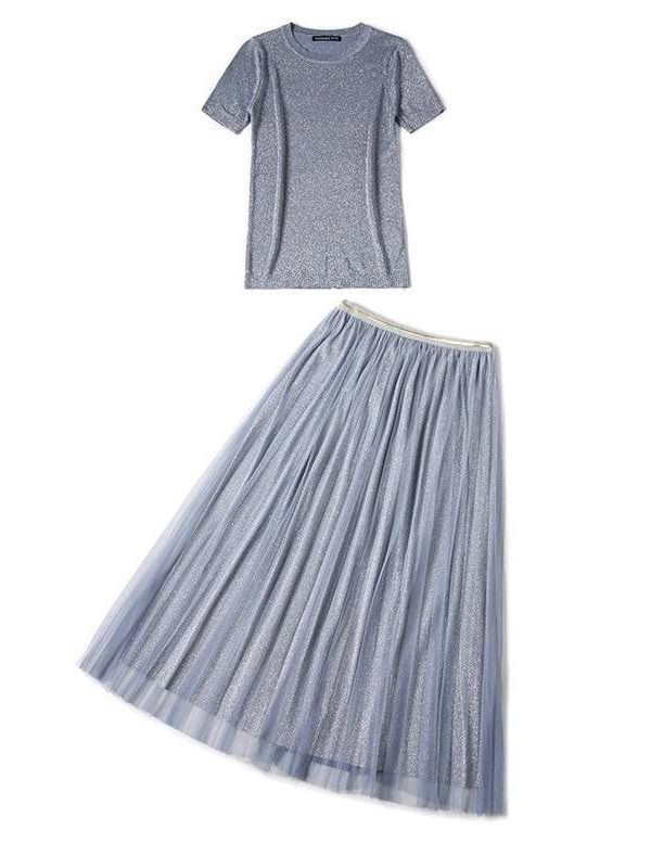 O-neck short sleeve t shirt + high waist mesh skirt two piece set