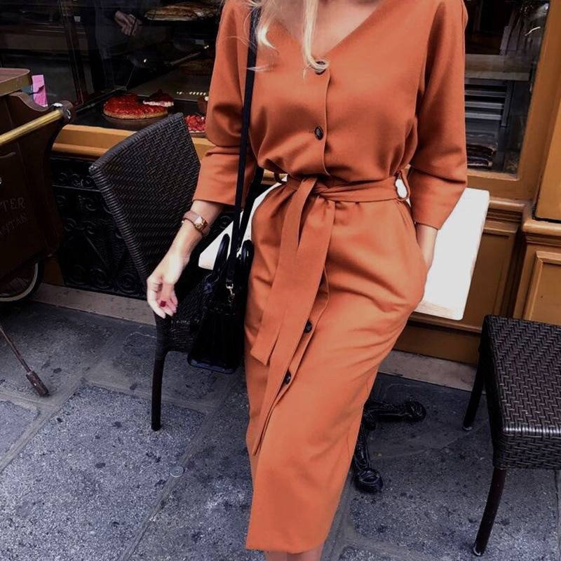 Vintage V Neck Long Sleeve Sashes Button Casual Office Dress in Dresses