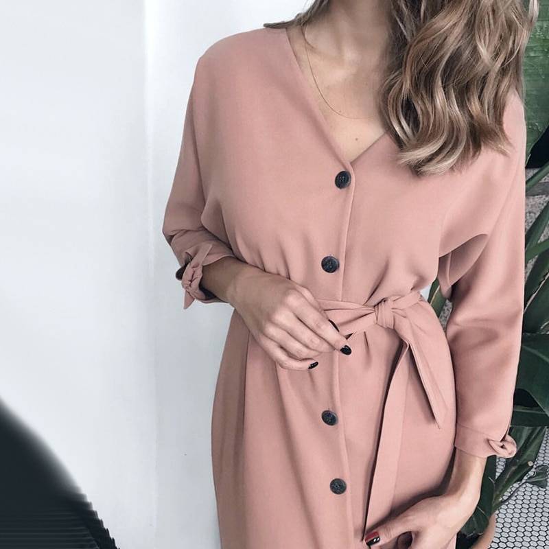 Vintage V Neck Long Sleeve Sashes Button Casual Office Dress in Dresses