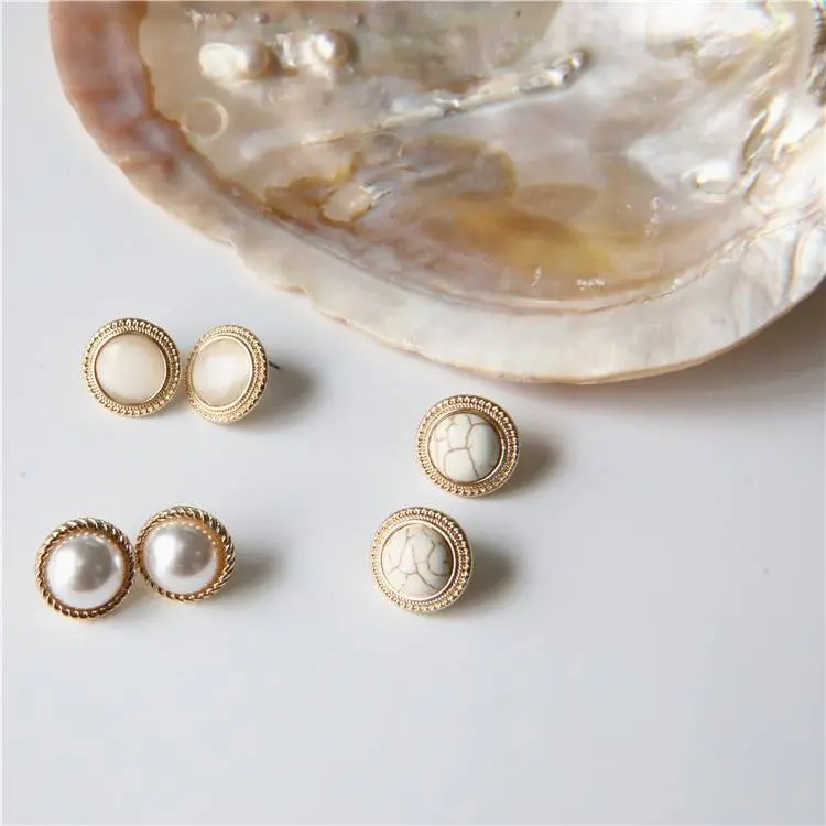 Vintage round marble opal stone big stud earrings