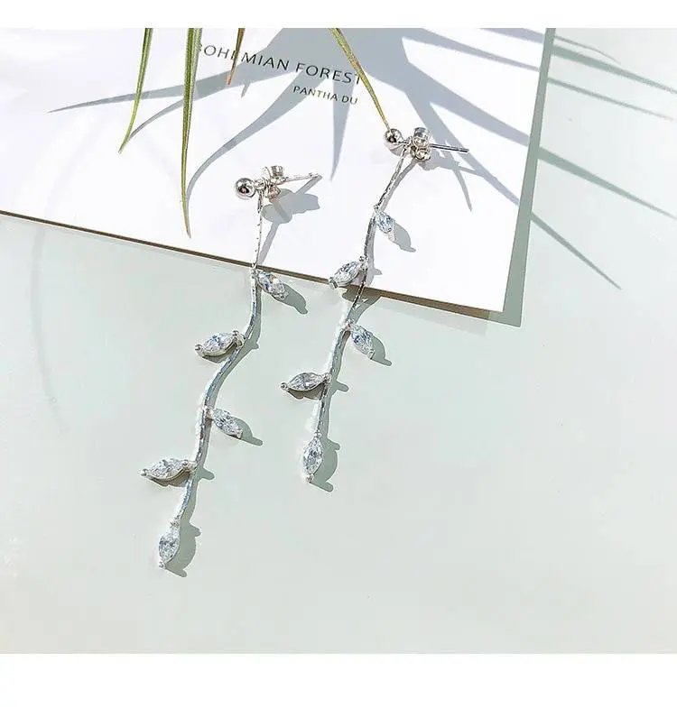 Silver Plated Crystal Leaf Tassel Drop Earrings in Earrings