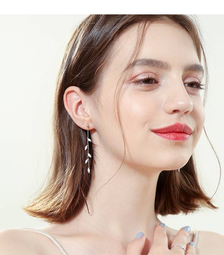 Silver Plated Crystal Leaf Tassel Drop Earrings in Earrings