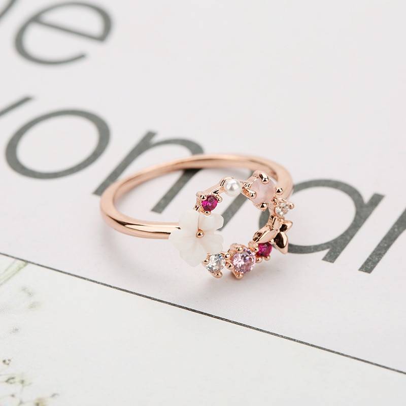 Rose Gold Zircon Butterfly Flowers Crystal Finger Wedding Ring ...