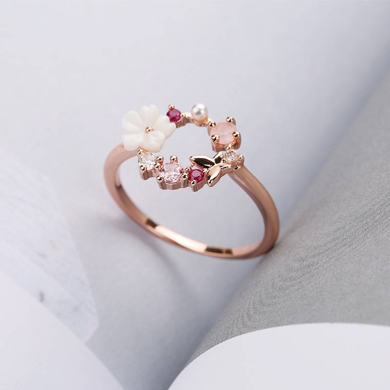 Rose Gold Zircon Butterfly Flowers Crystal Finger Wedding Ring in Rings