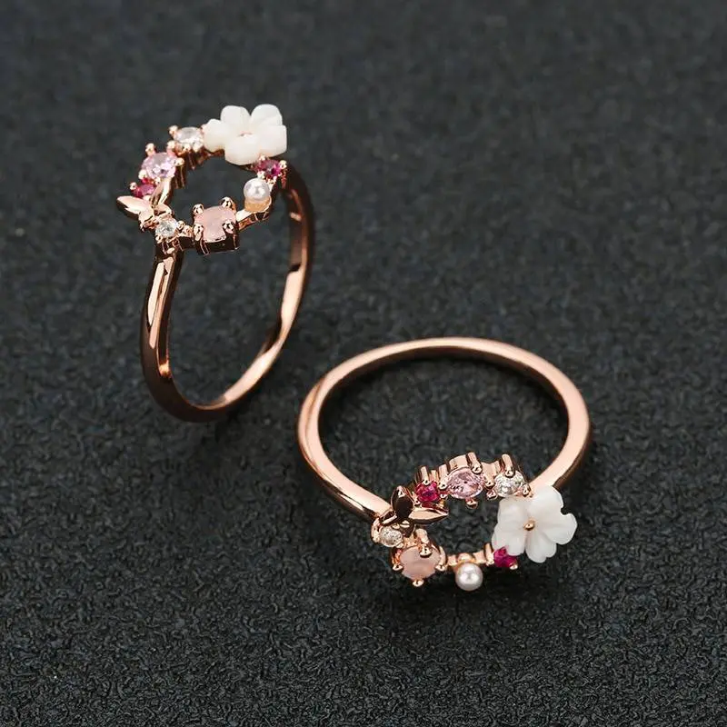 Rose gold zircon butterfly flowers crystal finger wedding ring