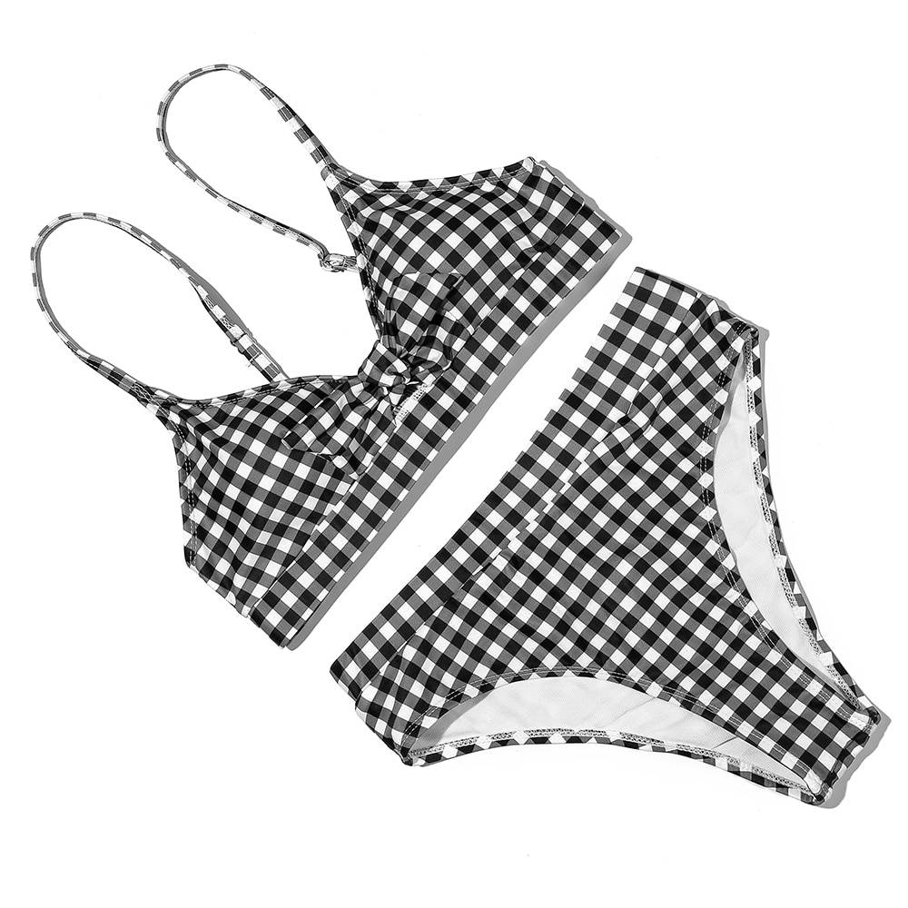 Retro Bow Plaid Push Up Straps Padded High Waist Bikini in Swimsuits