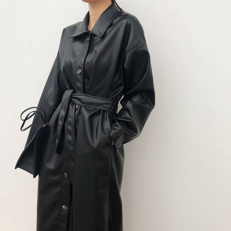 Loose Belt PU Leather Trench Coat Jacket in Coats & Jackets