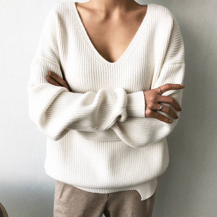 V-neck minimalist irregular hem knitted casual sweater