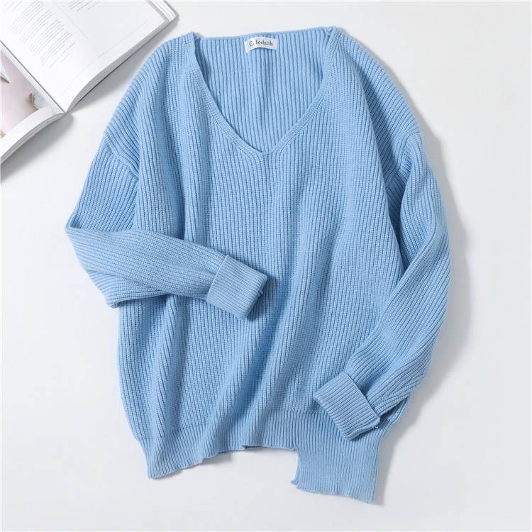 V-neck minimalist irregular hem knitted casual sweater