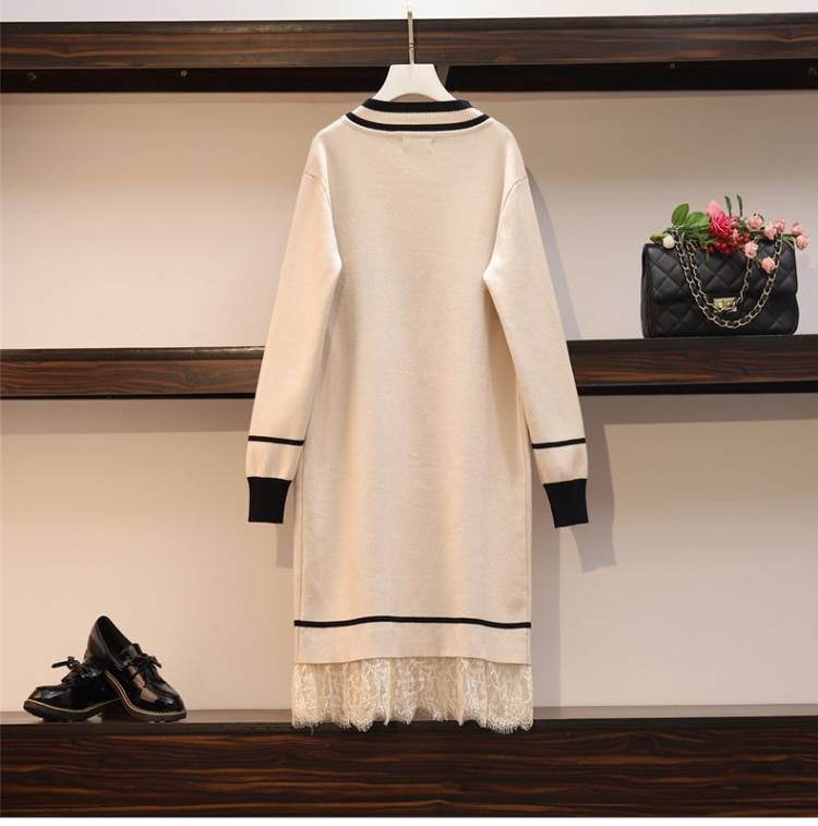 Patchwork Lace Long Sleeve V Neck Mini Straight Knitting Sweater Dress in Dresses