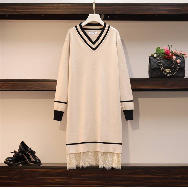 Patchwork Lace Long Sleeve V Neck Mini Straight Knitting Sweater Dress in Dresses