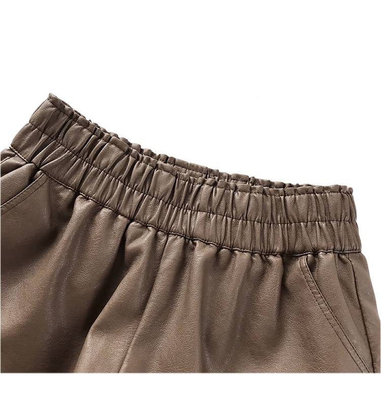 Khaki PU Leather Wide Leg High Waist Loose Shorts in Shorts