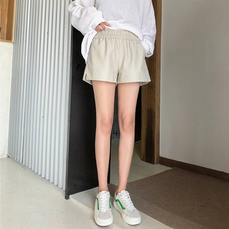 Khaki PU Leather Wide Leg High Waist Loose Shorts in Shorts