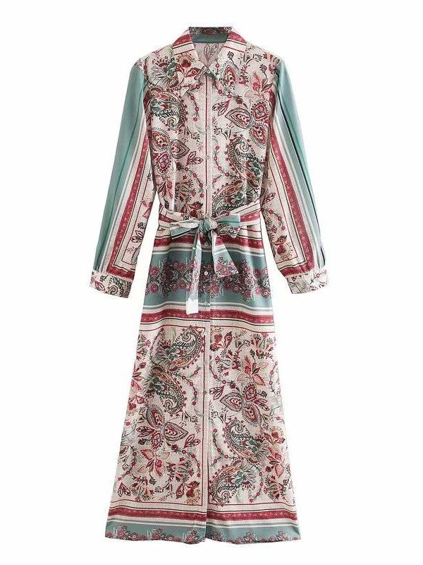 Vintage Floral Print Sashes Long Sleeve Shirt Dress in Dresses