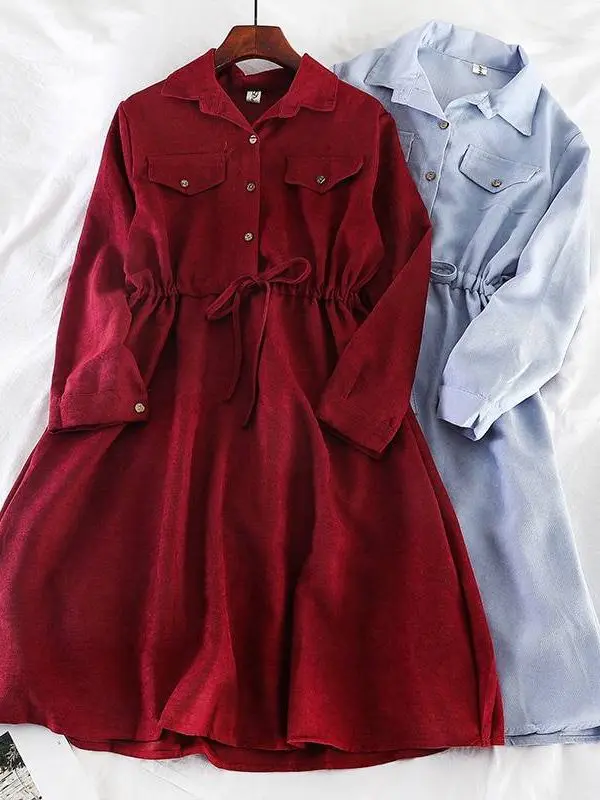Elegant vintage pockets drawstring a line office midi shirt dress