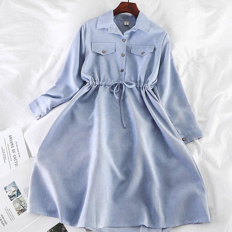 Elegant Vintage Pockets Drawstring A Line Office Midi Shirt Dress in Dresses