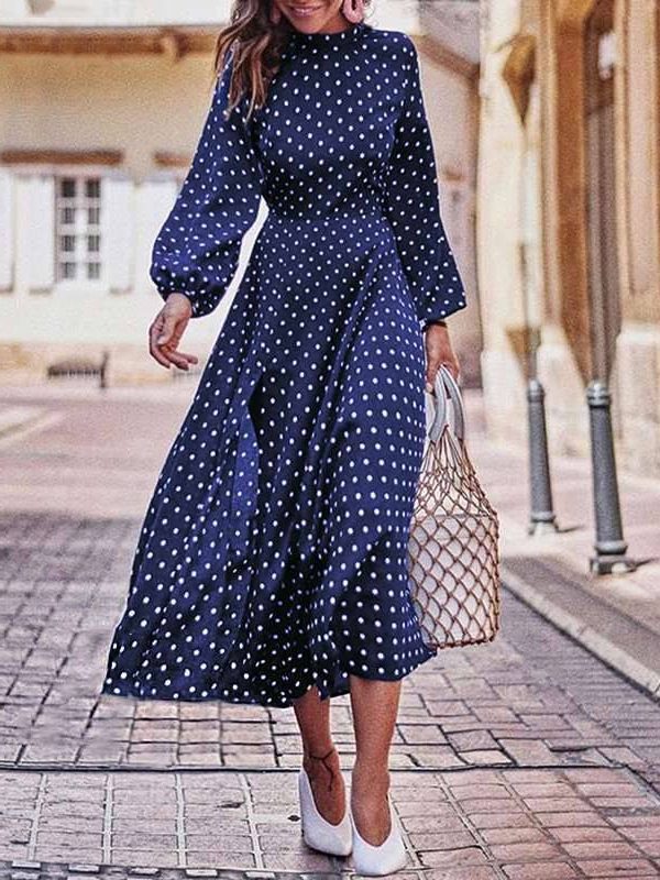 Elegant Vintage Lantern Sleeve Polka Dot Printed Stand Collar Long Sleeves Dress in Dresses