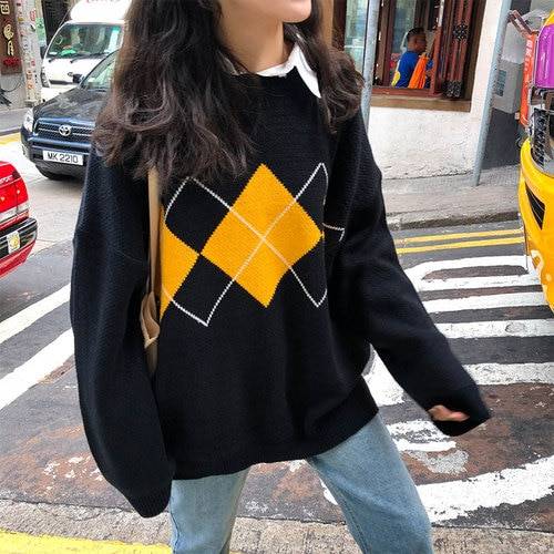 Geometric pattern basic long sleeve college sweater