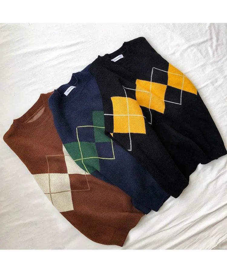 Geometric pattern basic long sleeve college sweater