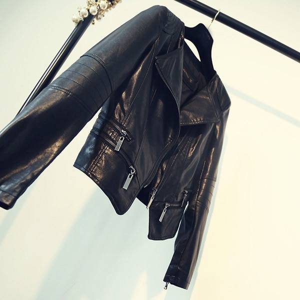 Motorcycle leather turn-down collar zipper black jacket