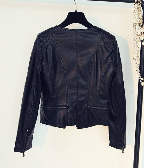 Motorcycle leather turn-down collar zipper black jacket