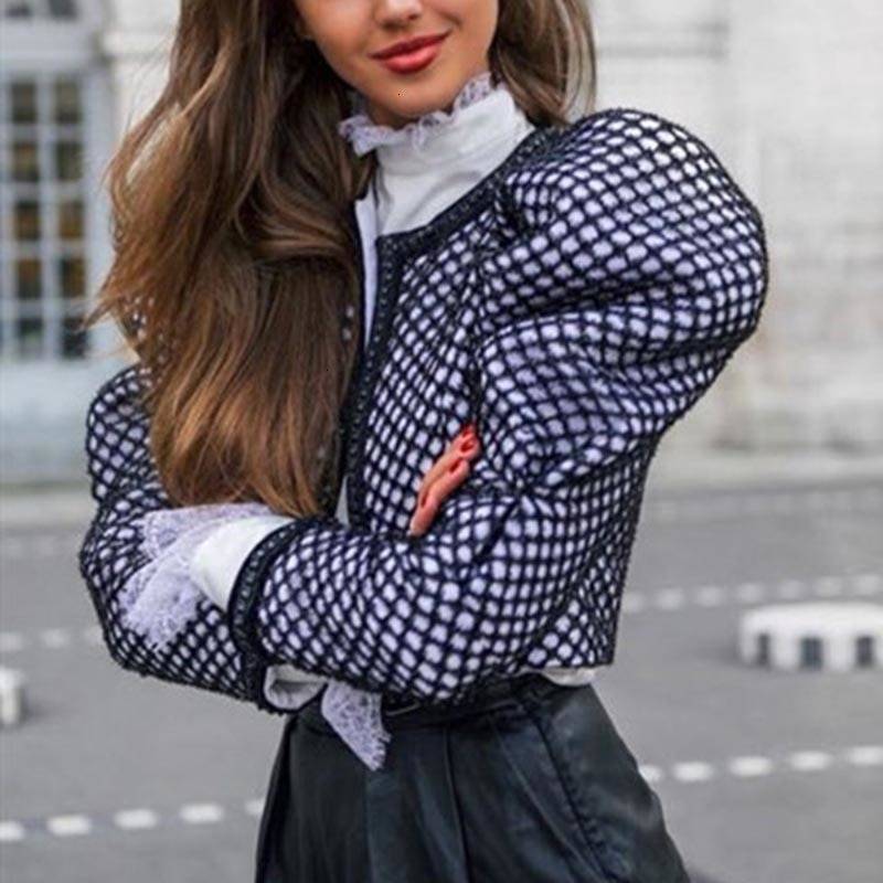 Ruched Plaid O Neck Puff Sleeve Short Coat in Coats & Jackets