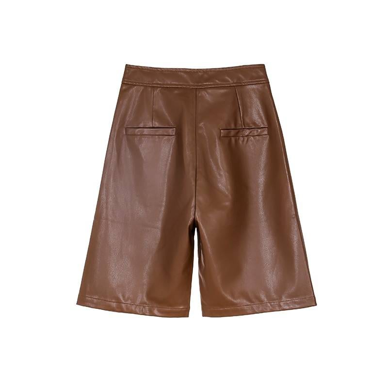 High waist knee length straight leather shorts