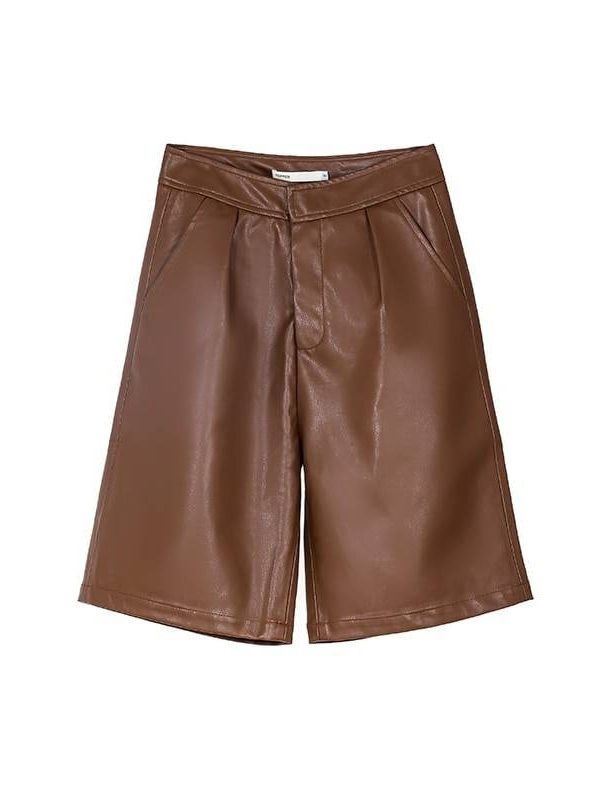 High waist knee length straight leather shorts