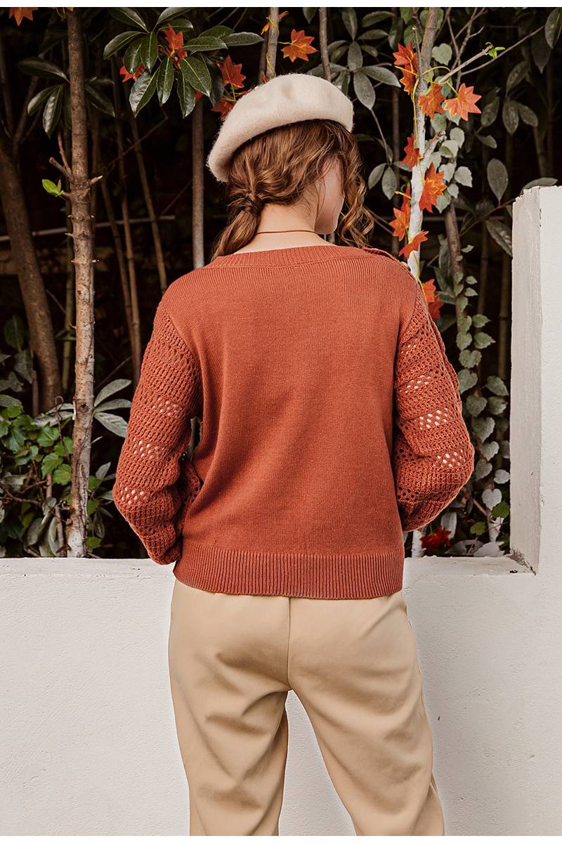 Knitted Long Sleeve Brick Red Pullover Sweater in Sweaters