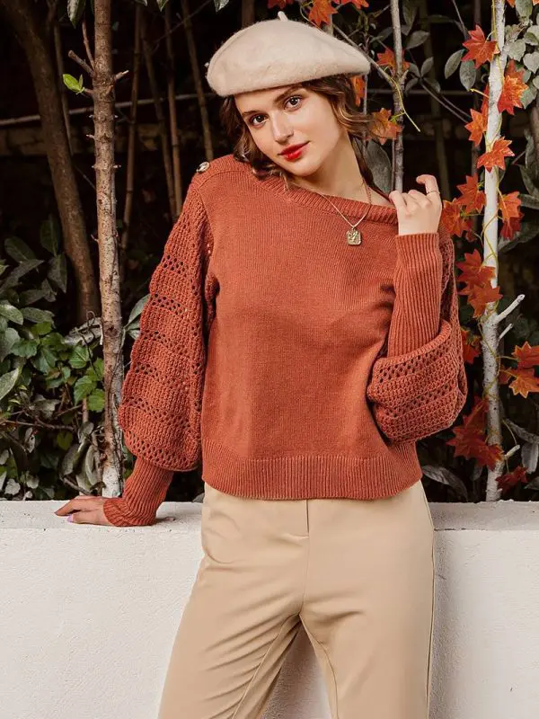 Knitted Long Sleeve Brick Red Pullover Sweater in Sweaters