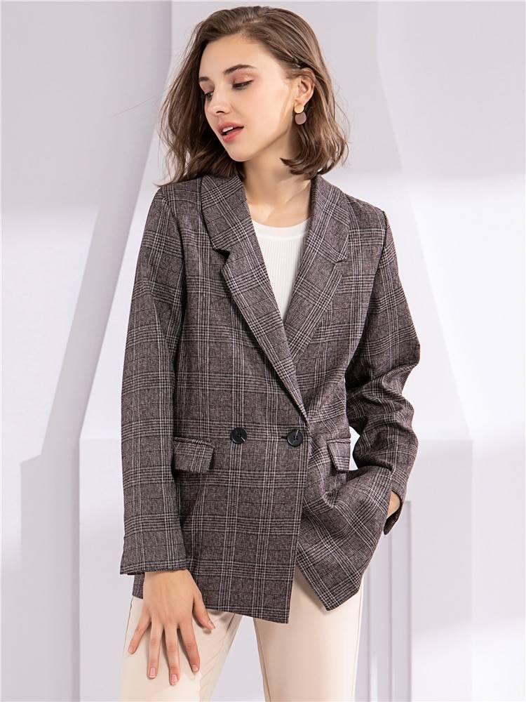 Plaid double breasted pockets formal jacket