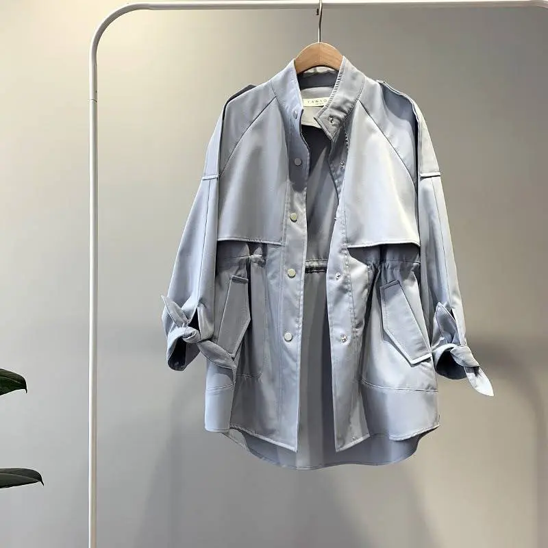 Loose Windbreaker Drawstring Stand Collar Short Trench Coat in Coats & Jackets